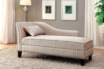 Modern Contemporary 1pc Chaise Beige Linen Like Fabric Nailhead Trim Living Room Bench Pillow