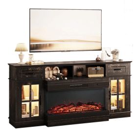70-inch Black Gold Oak Electric Fireplace TV Stand - 2 Lattice Glass Doors, 2 Drawers & Shelf, Compatible With 36' 3-Sided Glass Insert (Option: defaulttitle)