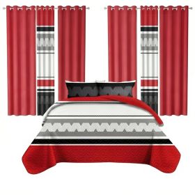 9 Piece Room In A Bag Quilt And Curtain Set, US Designer Red And Black Geometric Chevron Heavyweight Bedspread With 6 Customizable Window Panels, (Option: Twin)
