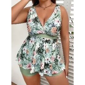 Swimsuits For Women Tropical Print V Neck Tops And Shorts Bathing Suits Two Piece Swimsuit (Option: 4xl)