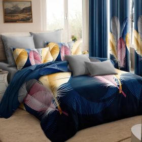 9-Piece Feather Print Bedding & Curtain Set (Queen/King/Cal King) - Quilted Microfiber Bedspread + Sheer Curtains (Option: Blue Feather-TWIN)