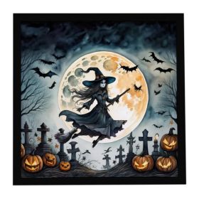 Flying Witch Spooky Halloween Framed Metal Print Bathroom, Kitchen, Office, Home Decor Wall Art Ready to Hang, Square, 8X8 (Option: default)