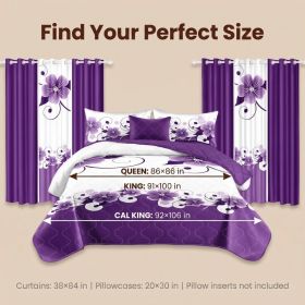 9-Piece Purple And White Gardenia Bedspread And Curtain Set, Reversible Microfiber Bedding Set For King And California King (Option: King)