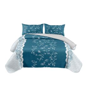Teal Floral 3-Piece Quilt Set With 2 Matching Pillow Shams, 130 GSM Microfiber Designer Bedspread, Easy-Care Pet-Friendly Bedding (Option: Cal King)