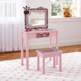 Macaron pink, MDF + solid wood legs, spray paint + silkscreen printing, zebra pattern, 1-drawer children's dressing table set, LED three-color li (Option: default title)