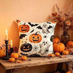 Halloween Throw Pillow Cover 18x18 Inch Cute Ghost Pumpkin Decorative (Option: Orange)